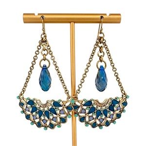 Erica Lyons Blue & Antique Gold Boho Pendulum Dangle Earrings - Festival Jewelry